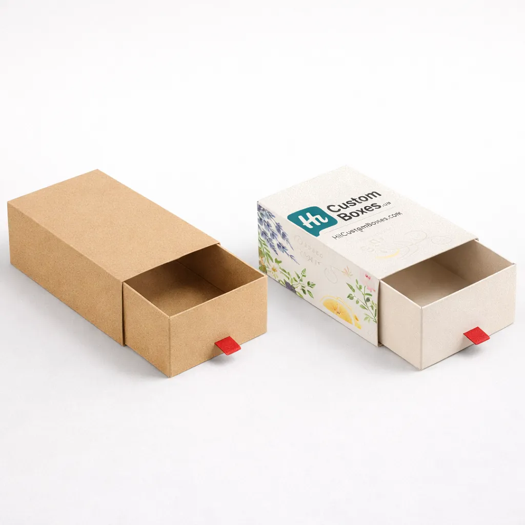 Pair of cardboard slider drawer boxes for luxury wax melts, featuring brown kraft and floral designs. class=